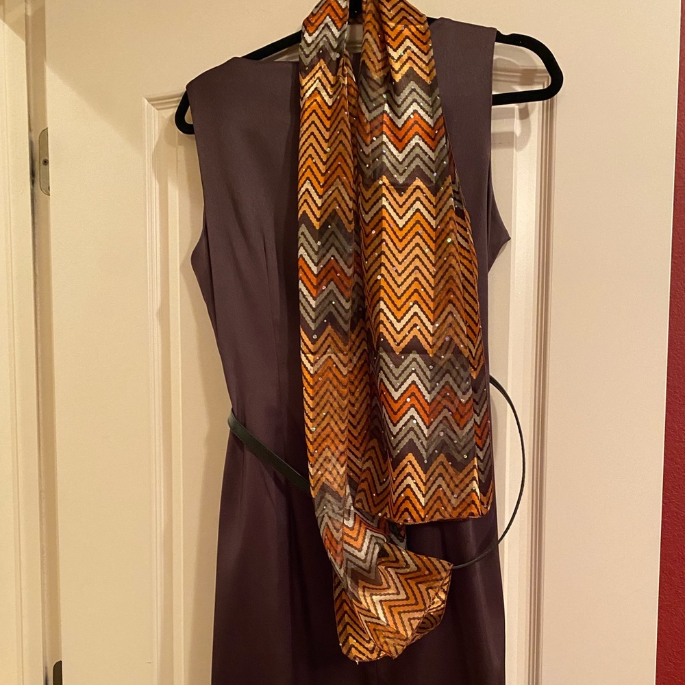 NWOT satin dress with scarf and patent leather belt